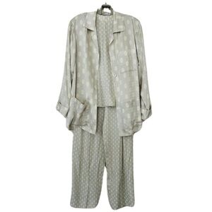 Vintage 80s Anne Klein Silk 3-Piece Pantsuit Pastel Mint Green Ivory Polka Dots